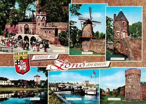 AK / Ansichtskarte  Zons_Rhein Freilichtbuehne Muehlenturm Wachttuermchen Rhein Bootsanlegestelle Kroetschenturm