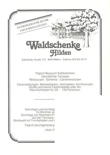 AK / Ansichtskarte  Hilden__Mettmann Restaurant Waldschenke