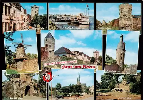 AK / Ansichtskarte  Zons_Rhein Rheinstrasse Bootsanlegestelle Kroetschenturm Muehlenturm Stadtmauer Judenturm Freilichtbuehne Zentrum Schlossruine