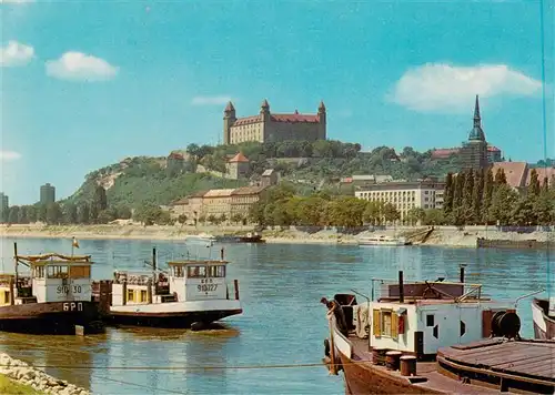 AK / Ansichtskarte  Bratislava_Pressburg_Pozsony_SK Partie an der Donau Frachtkaehne Blick zur Burg