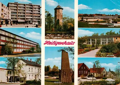 AK / Ansichtskarte  Heiligenhaus_Mettmann Kirchplatz Wehrturm Freibad AEG Turnhalle Haus der Kirche Ehrenmal Abtskirche