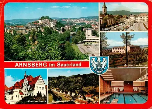 AK / Ansichtskarte 73943331 Arnsberg__Westfalen Panorama Neumarkt Jugendherberge Krankenhaus Jaegerbruecke Hallenbad