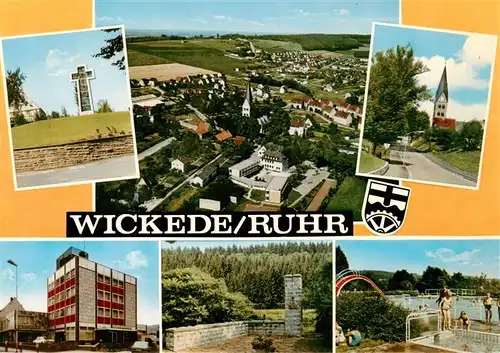 AK / Ansichtskarte 73943351 Wickede_Ruhr Kirchen Fliegeraufnahme Ortspartie Gedenkstaette Schwimmbad