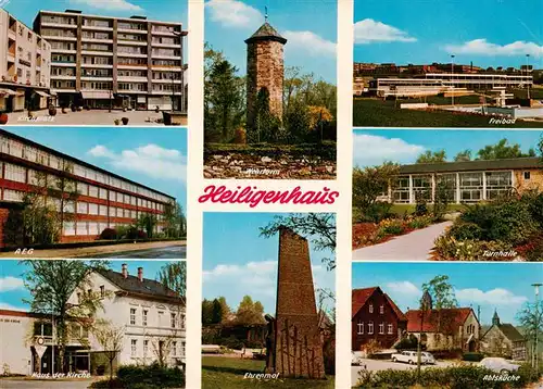 AK / Ansichtskarte 73943363 Heiligenhaus_Mettmann Kirchplatz AEG Wehrturm Freibad Turnhalle Haus vor der Kirche Ehrenmal Abtskueche