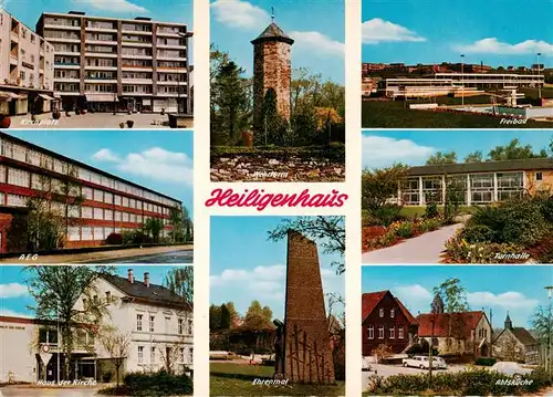 AK / Ansichtskarte 73943366 Heiligenhaus_Mettmann Kirchplatz AEG Wehrturm Freibad Turnhalle Haus vor der Kirche Ehrenmal Abtskirche