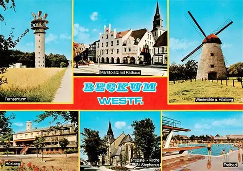 AK / Ansichtskarte 73943391 Beckum__Westfalen Fernsehturm Marktplatz Rathaus Windmuehle Hoexberg Propstei Kirche St Stephanus Freibad