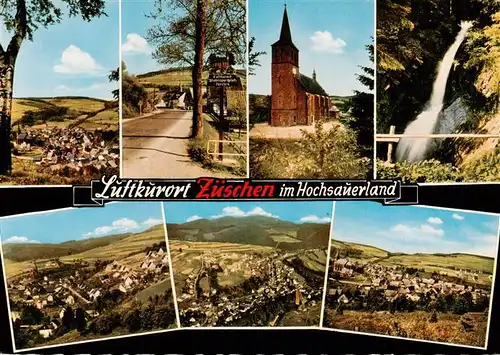 AK / Ansichtskarte  Zueschen__Sauerland Panorama Ortseingang Kirche Wasserfall Fliegeraufnahmen