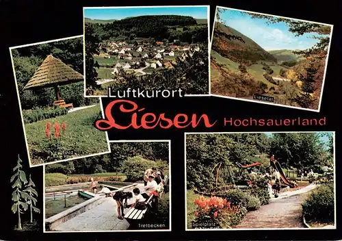 AK / Ansichtskarte 73943411 Liesen_Hallenberg_Hochsauerland Parkbank Panorama Liesetal Tretbecken Spielplatz