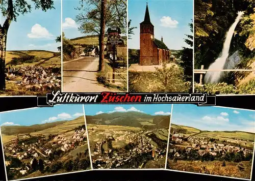 AK / Ansichtskarte  Zueschen__Sauerland Panorama Ortseingang Kirche Wasserfall Fliegeraufnahmen