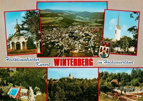 AK / Ansichtskarte  Winterberg__Hochsauerland_NRW Fliegeraufnahme Kirchen Schwimmbad Panorama Kurpark