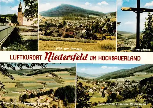 AK / Ansichtskarte  Niedersfeld_Winterberg Dorfmitte Rimbergblick Rimbergkreuz Kreuzberg mit Harpener Bergbau Essener Kinderheim