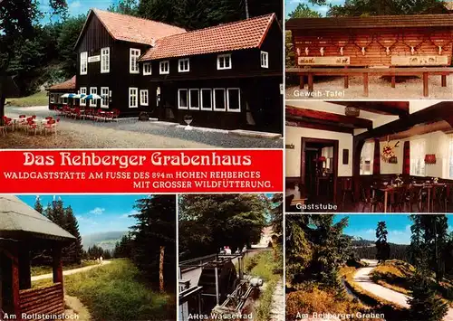 AK / Ansichtskarte 73943446 St_Andreasberg_Harz Rehberger Grabenhaus Geweih Tafel Gaststube Am Rossteinsloch Altes Wasserrad Am Rehberger Graben