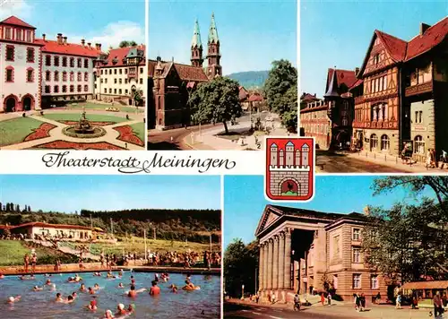 AK / Ansichtskarte 73943485 Meiningen_Thueringen Schloss Kirche Ortspartie Theater Schwimmbad