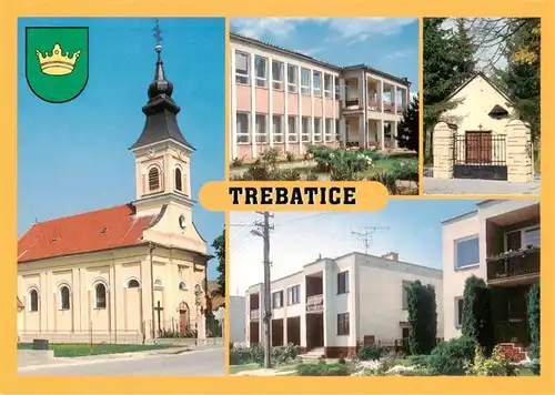 AK / Ansichtskarte  Trebatice_Trebatitz_Slovakia Prva pisomna zmienka o obci Rim kat kostol sv Stefana krala Materska skola Kapinka Radova zastavba Erb obce koruna krala Stefana