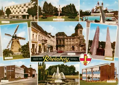 AK / Ansichtskarte 73943596 Rheinberg Post St. Anna-Kapelle Freibad Muehle Fischmarkt Ehrenmal Sparkasse Stadtpark Schule