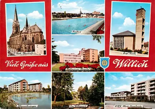 AK / Ansichtskarte 73943611 Willich Kirche Freibad Hospital Altenwohnungen Volkspark DRK-Haus Moosheide