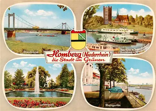 AK / Ansichtskarte 73943633 Homberg_Niederrhein Rheinbruecke Hebeturm Jugendherberge Bootshaus Fahrgastschiff Lutherpark Rheingarten