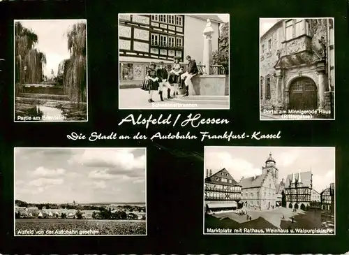 AK / Ansichtskarte  Alsfeld Partie am Ententeich Schwaelmerbrunnen Portal am Minnigerode Haus Ortsansicht Marktplatz mit Rathaus Weinhaus und Walpurgiskirche