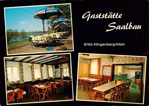 AK / Ansichtskarte 73943796 Klingenberg_Main Gaststaette Saalbau Gastraum Terrasse Kegelbahn