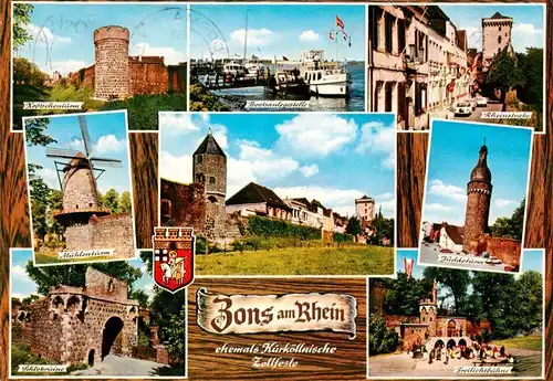 AK / Ansichtskarte 73943839 Zons_Rhein Kroetschenturm Muehlenturm Schlossruine Bootsanlegestelle Rheinstrasse Juddeturm Freilichtbuehne Kurkoellnische Zollfeste