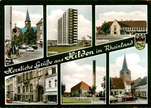 AK / Ansichtskarte  Hilden__Mettmann Kirche Hochhaus Jugendheim Rathaus