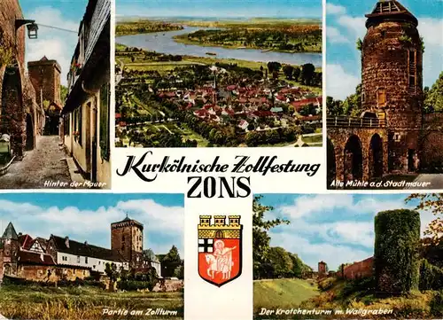 AK / Ansichtskarte 73943933 Zons_Rhein Hinter der Mauer Alte Muehle Stadtmauer Zollturm Kroetchenturm Wallgraben Luftaufnahme