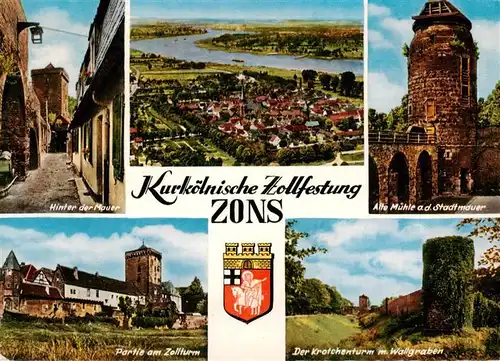 AK / Ansichtskarte  Zons_Rhein Hinter der Mauer Alte Muehle Stadtmauer Zollturm Kroetchenturm Wallgraben Luftaufnahme