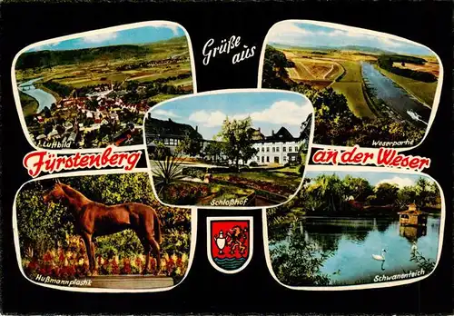 AK / Ansichtskarte 73943993 Fuerstenberg__Weser Luftaufnamen Hussmannplastik Pferd Schwanenteich Schlosshof