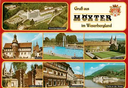 AK / Ansichtskarte  Hoexter_Weser Weserbergland-Klinik Luftaufnahme Rathaus Freibad Kloster Corvey Fachwerkhaeuser Partie an der Weser Fahrgastschiff