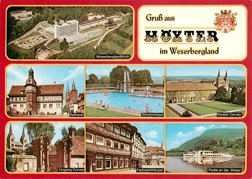 AK / Ansichtskarte  Hoexter_Weser Weserbergland-Klinik Luftaufnahme Rathaus Freibad Kloster Corvey Fachwerkhaeuser Partie an der Weser Fahrgastschiff