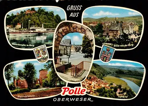 AK / Ansichtskarte  Polle_Oberweser Wasserdampfer Burg Stadtpanorama Freilichtbuehne Torbogen Luftbild