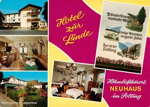AK / Ansichtskarte 73944022 Neuhaus_Solling Hotel zur Linde Bierstuebchen Kaffeegarten Liegewiese Jagdzimmer