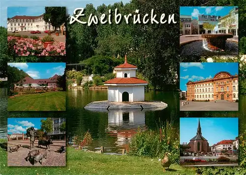 AK / Ansichtskarte 73944097 Zweibruecken_Pfalz Schloss Brunnen Park Skulptur Schwanenteich Alexanderkirche