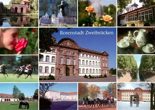 AK / Ansichtskarte 73944100 Zweibruecken_Pfalz Park Rosengarten Schloss Reitturnier Pferdekutschen Motive