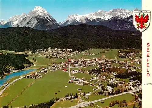 AK / Ansichtskarte 73944200 Seefeld_Tirol Fliegeraufnahme mit Badesee Hohe Munde und Zugspitze