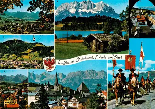 AK / Ansichtskarte  Kitzbuehel_Tirol_AT Panorama Hornbahn Hahnenkamm Vorderstadt Schwarzsee Wilder Kaiser Tiroler Volkstrachten Antlassritt