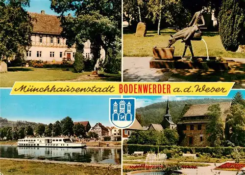AK / Ansichtskarte 73944320 Bodenwerder Teilansichten Muenchhausenstadt Denkmal Partie an der Weser Fahrgastschiff Parkanlagen
