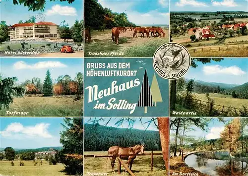 AK / Ansichtskarte 73944322 Neuhaus_Solling Hotel Duesterdiek Trakehner Pferde Panorama Torfmoor Landschaft Dorfteich