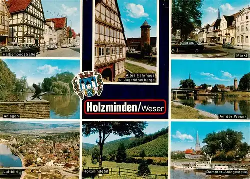 AK / Ansichtskarte  Holzminden_Weser_Niedersachsen Halbemondstrasse Altes Faehrhaus Jugendherberge Markt Anlagen Weser Luftbild Holzmindetal Dampfer Anlegestelle