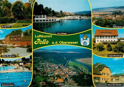 AK / Ansichtskarte  Polle_Oberweser Burgruine Dampfer Anleger Jugendherberge Haus des Gastes Altes Burghaus Freibad Luftbild