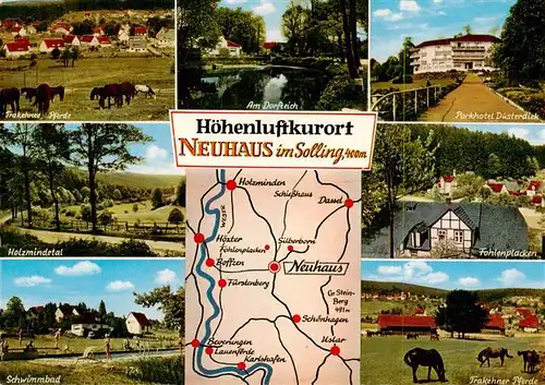 AK / Ansichtskarte 73944345 Neuhaus_Solling Parkhotel Duesterdiek Dorfteich Trakehner Pferde Holzmindetal Freibad Fohlenplacken Landkarte