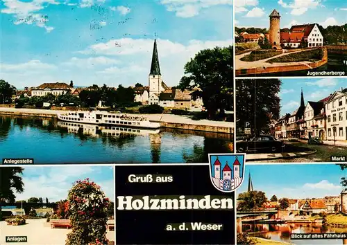 AK / Ansichtskarte 73944354 Holzminden_Weser_Niedersachsen Dampfer Anleger Jugendherberge Markt Anlagen Faehrhaus