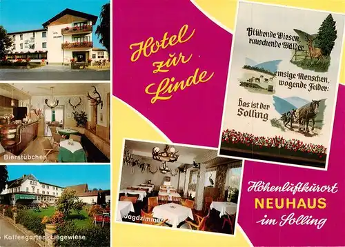 AK / Ansichtskarte 73944361 Neuhaus_Solling Hotel zur Linde Jagdzimmer Bierstuebchen Kaffeegarten Liegewiese