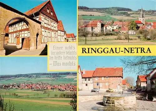 AK / Ansichtskarte 73944367 Netra_Ringgau Ortsansicht mit Kirche Brunnen Fachwerkhaus Torbogen
