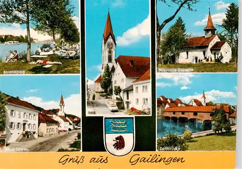 AK / Ansichtskarte  Gailingen_Singen_BW Strandbad Haus Loewen Kirche Nikolaus-Kapelle Zollbruecke