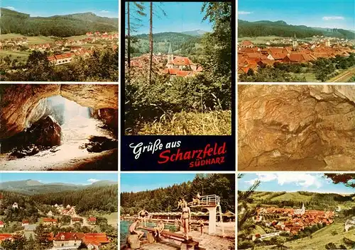 AK / Ansichtskarte 73944446 Scharzfeld_Herzberg_am_Harz Teilansichten Hoehle Freibad