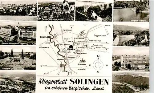 AK / Ansichtskarte 73944447 Solingen Panorama Schloss Burg Sali Haus Stadtkirche Vorspeler Anlagen Widdert Muengstener Bruecke Sengbach Talsperre Der Ruedenstein Stadtsparkasse Wupperhof