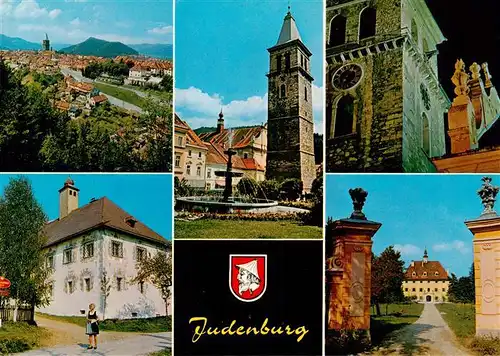AK / Ansichtskarte 73944767 Judenburg_Steiermark_AT Panorama Grubhofer Schloessl mit Renaissance Fresken Hauptplatz mit Stadtturm und Brunnen Stadtturm bei Nacht Schloss Liechtenstein