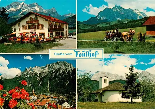AK / Ansichtskarte 73945063 Kruen_Garmisch-Partenkirchen Hotel Tonihof Pferdewagen Kapelle Stadtpanorama Alpen