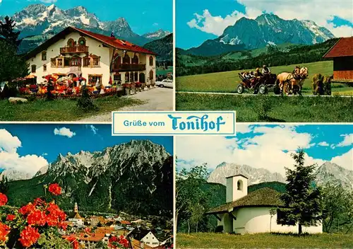 AK / Ansichtskarte  Kruen_Garmisch-Partenkirchen Hotel Tonihof Pferdewagen Kapelle Stadtpanorama Alpen